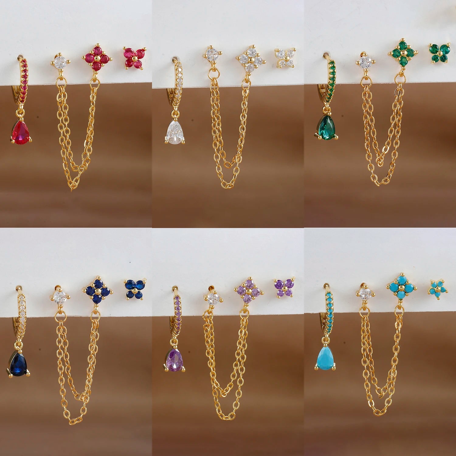 3PCS Set Stainless Steel Crystal CZ Butterfly Ear Stud Earring Gold Plated Pendant Water Drop Cartilage Earring Piercing Jewelry