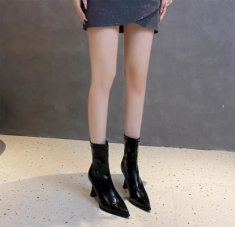 Pointed Toe High Heels Elegant Women Boots Chunky Leather Shoes 2025 Winter Fashion Pumps Chelsea Boots Dress Sexy Mujer Botas