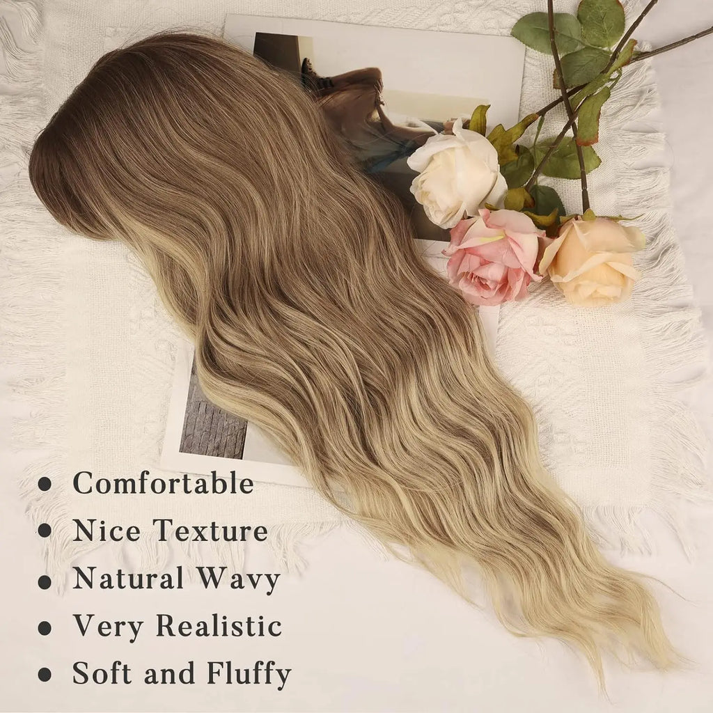 Synthetic Long Blonde Wigs with Bangs for Women Curly Wavy Hair Wigs Heat Resistant Fiber Wigs for Daily Party Use 26 Inches