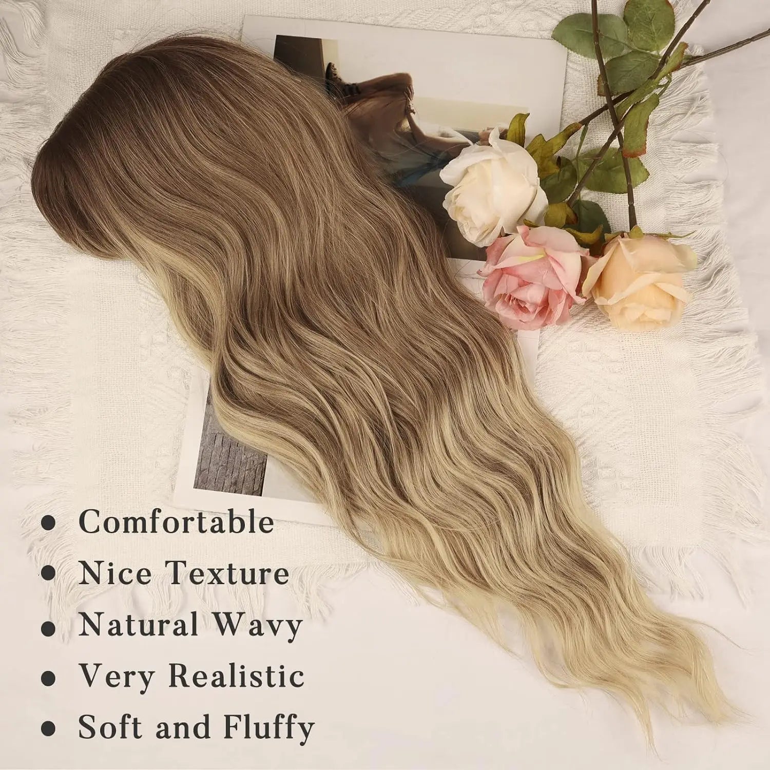 Synthetic Long Blonde Wigs with Bangs for Women Curly Wavy Hair Wigs Heat Resistant Fiber Wigs for Daily Party Use 26 Inches