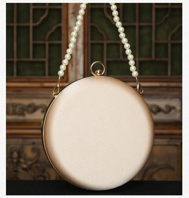 Cape-Bay Small Women's Bag, Silky Polyester Embroidered Bag, Embroidered Women's Bag, Retro Accessory Bag for Cheongsam, Chinese Ethnic Style Women's Ancient Style Small Bag, Noble Lady's Chain Bag, Gold Metal Frame Hard Shel