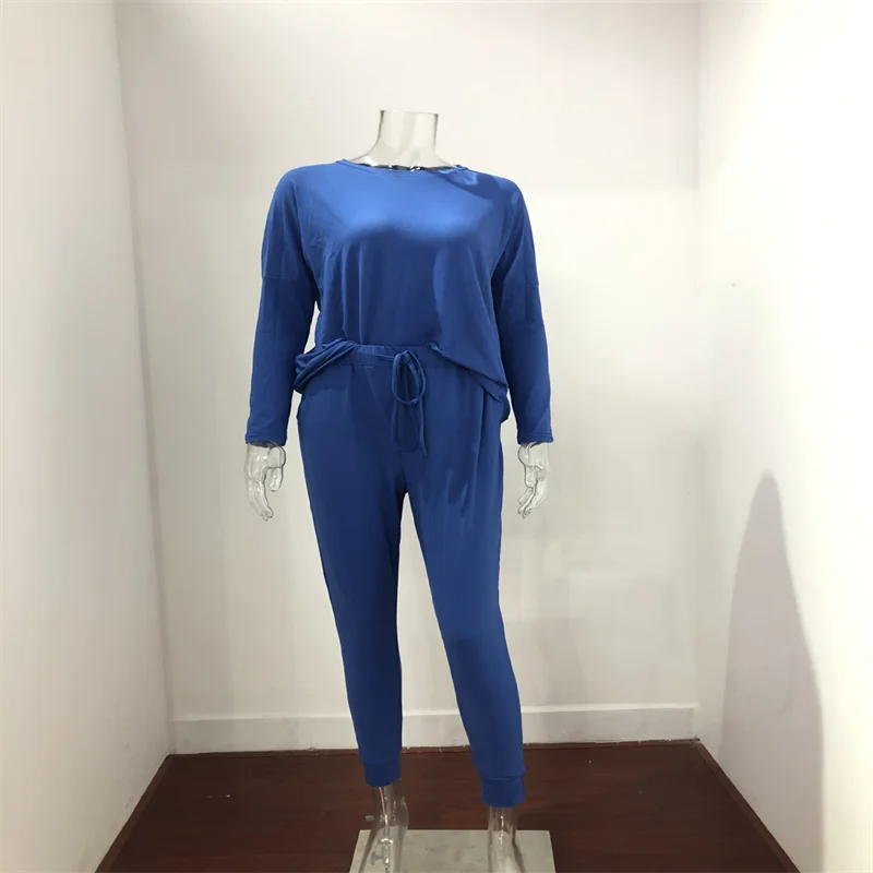 Hot Women's Long Sleeve Round Neck Top and Pants Set Simple Solid Colour Pajama Set Casual O Neck Two Piece Outfit