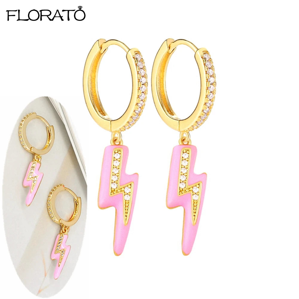 925 Sterling Silver Needle Lightning Pendant Earrings Charming Pave Crystal Gold Hoop Earrings for Women Fashion Jewelry Gifts