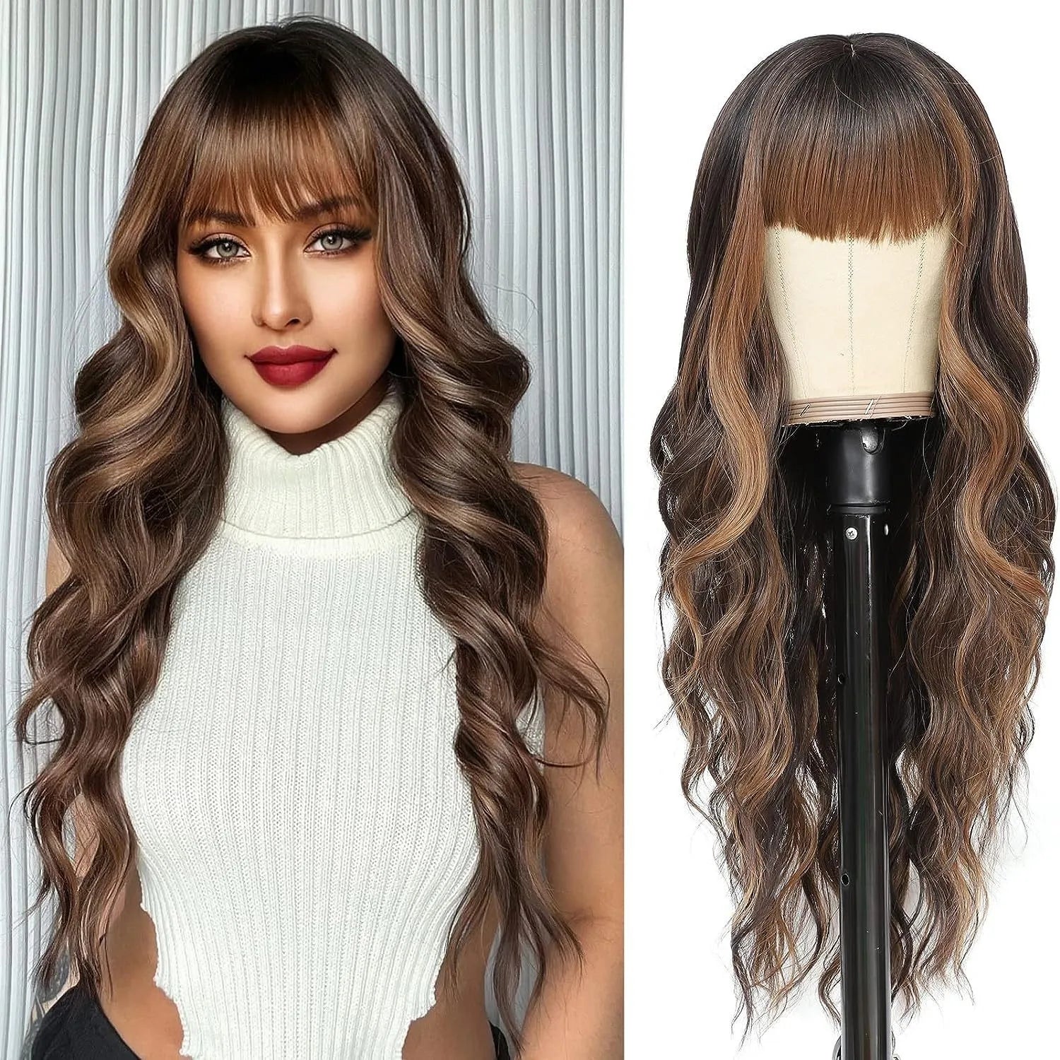 Synthetic Long Blonde Wigs with Bangs for Women Curly Wavy Hair Wigs Heat Resistant Fiber Wigs for Daily Party Use 26 Inches