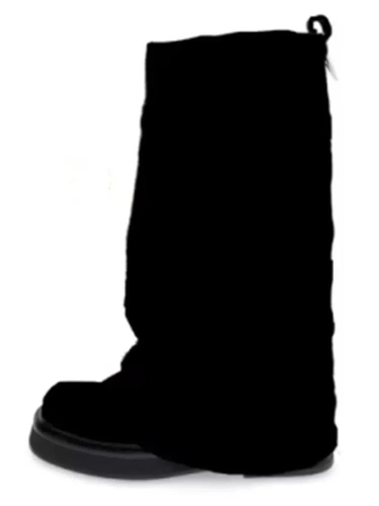 Women's New Autumn and Winter Calf Boots with Pleated Thick High Heels and Fashionable Oversized Street Leather Mid Leg Boots