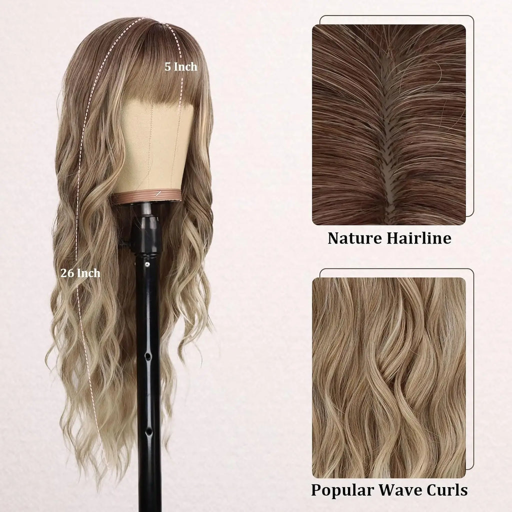 Synthetic Long Blonde Wigs with Bangs for Women Curly Wavy Hair Wigs Heat Resistant Fiber Wigs for Daily Party Use 26 Inches