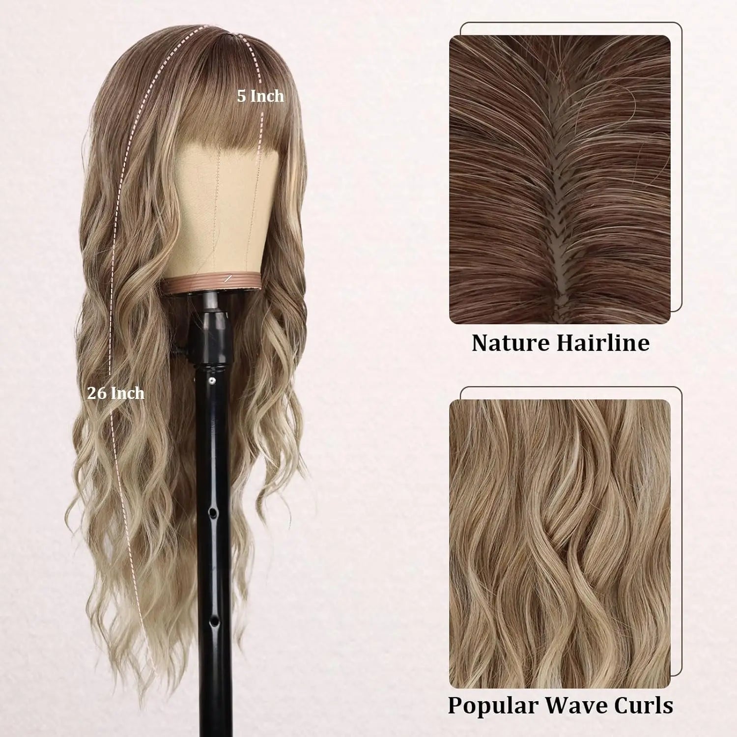Synthetic Long Blonde Wigs with Bangs for Women Curly Wavy Hair Wigs Heat Resistant Fiber Wigs for Daily Party Use 26 Inches