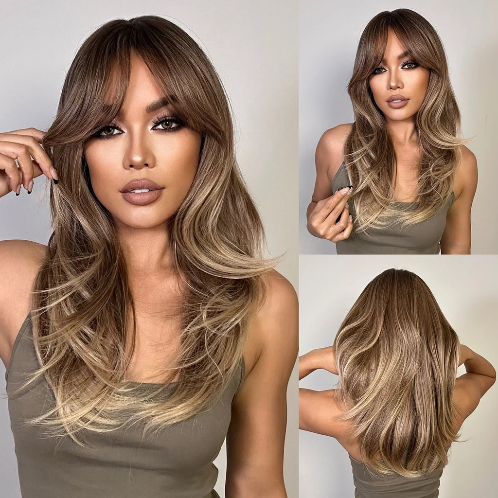 Long Straight Layered Synthetic Wig Blonde Platinum Highlight Wig with Bangs Daily Use Natural Hair Heat Resistant Wig for Women