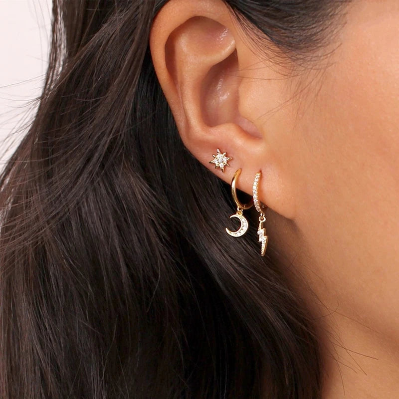 925 Sterling Silver Needle Lightning Pendant Earrings Charming Pave Crystal Gold Hoop Earrings for Women Fashion Jewelry Gifts