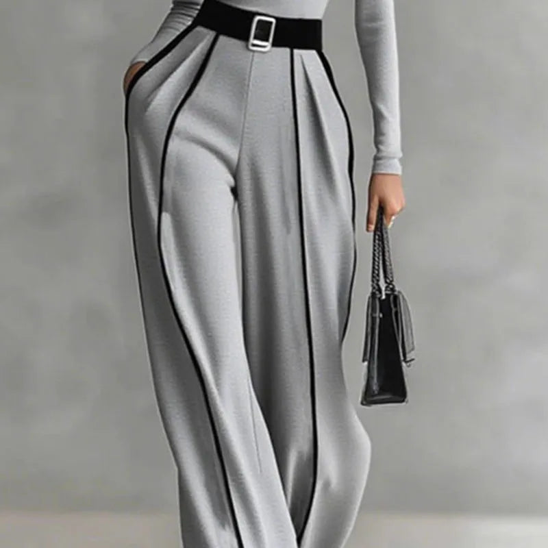 Retro Turtleneck Bottoming Shirt Top+Wide-leg Trousers Suit Woman Elegant Contrast Color 2 Piece Sets Long Sleeve Autumn Outfits