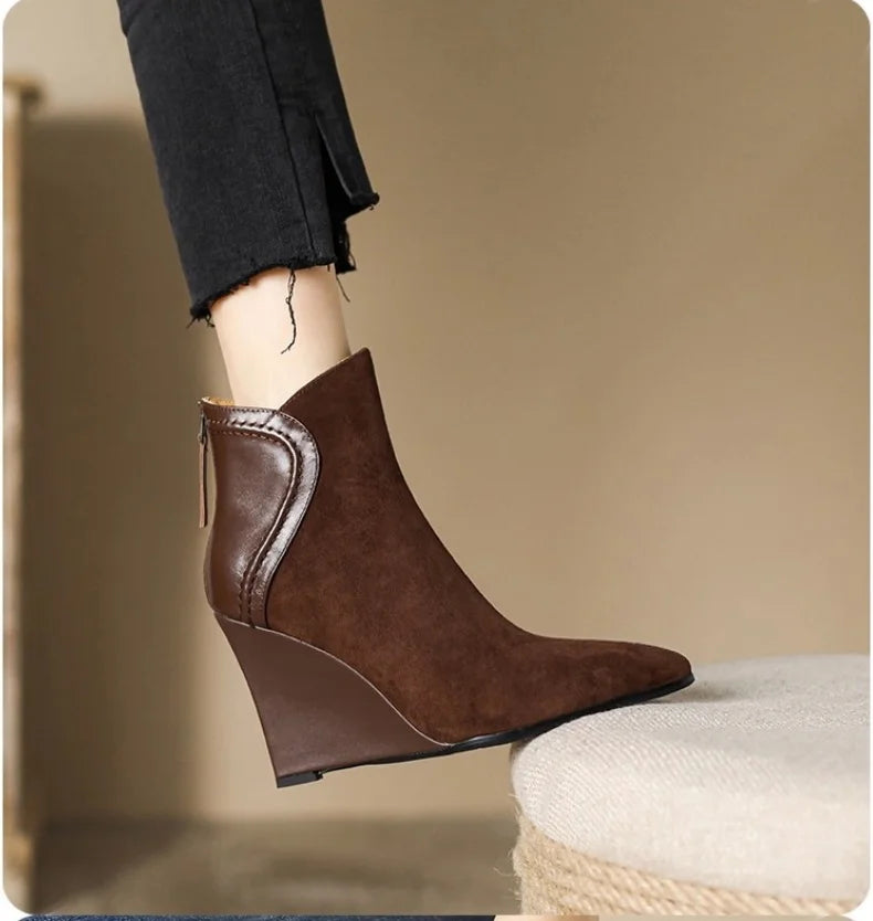 Wedges Women's Ankle Boots Pointed Toe Fashion Shoes Designer Suede Winter Boots 2025 High Heels Dress Luxury Botas Para Mujer