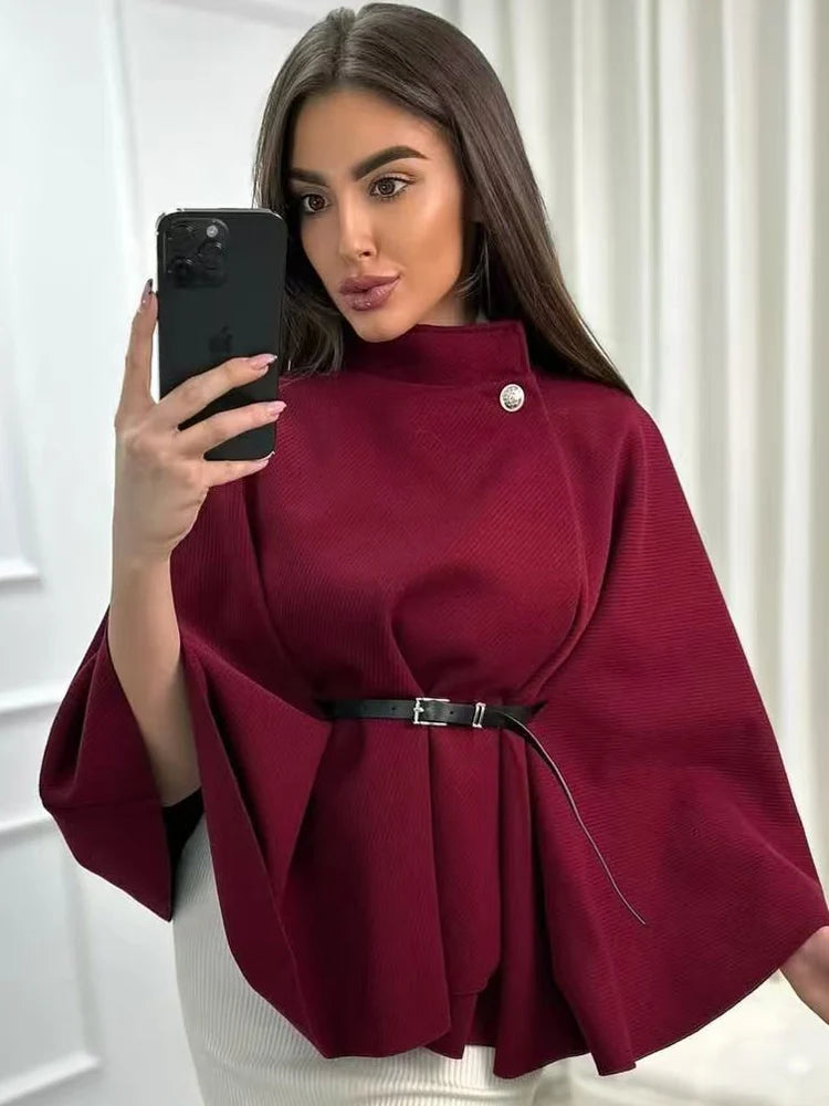 HXAO Women's Jackets Oversized Belt Tunic Jacket Autumn Winter Coat Female Red Brown Black Jacket Cropped Bat Sleeved Outerwears