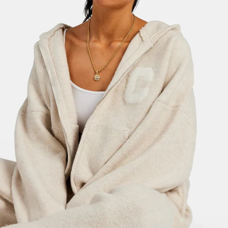 Knitted Women's Pant Sets Hooded Long Sleeve Dropped Shoulder Zipper Female Jacket Solid Elastic Waist Straight Pants For Ladies