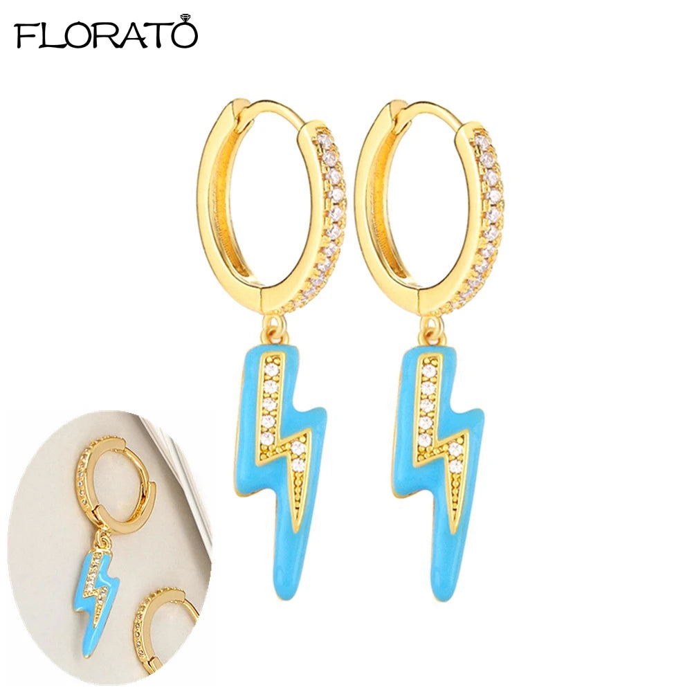 925 Sterling Silver Needle Lightning Pendant Earrings Charming Pave Crystal Gold Hoop Earrings for Women Fashion Jewelry Gifts