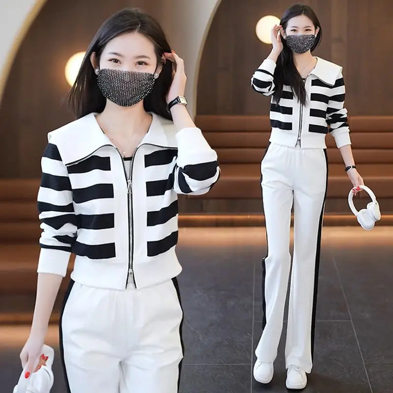 Women Clothing Pant Sets Striped Zipper Loose Tops & Comfortable Casual Pants Office Lady Fashion Commute Vintage Two-piece Set