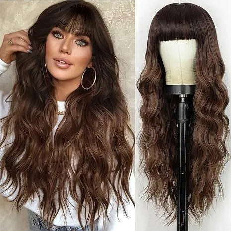 Synthetic Long Blonde Wigs with Bangs for Women Curly Wavy Hair Wigs Heat Resistant Fiber Wigs for Daily Party Use 26 Inches