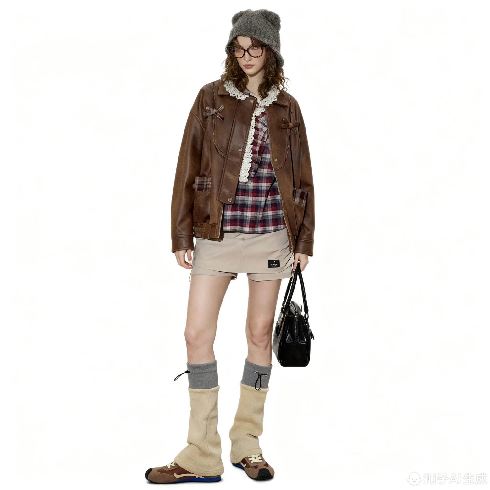 New Arrivals Women's Short Leather Jacket Vintage Y2K Style Loose Fit Plaid Patchwork Design Retro Oversized Autumn Outerwear