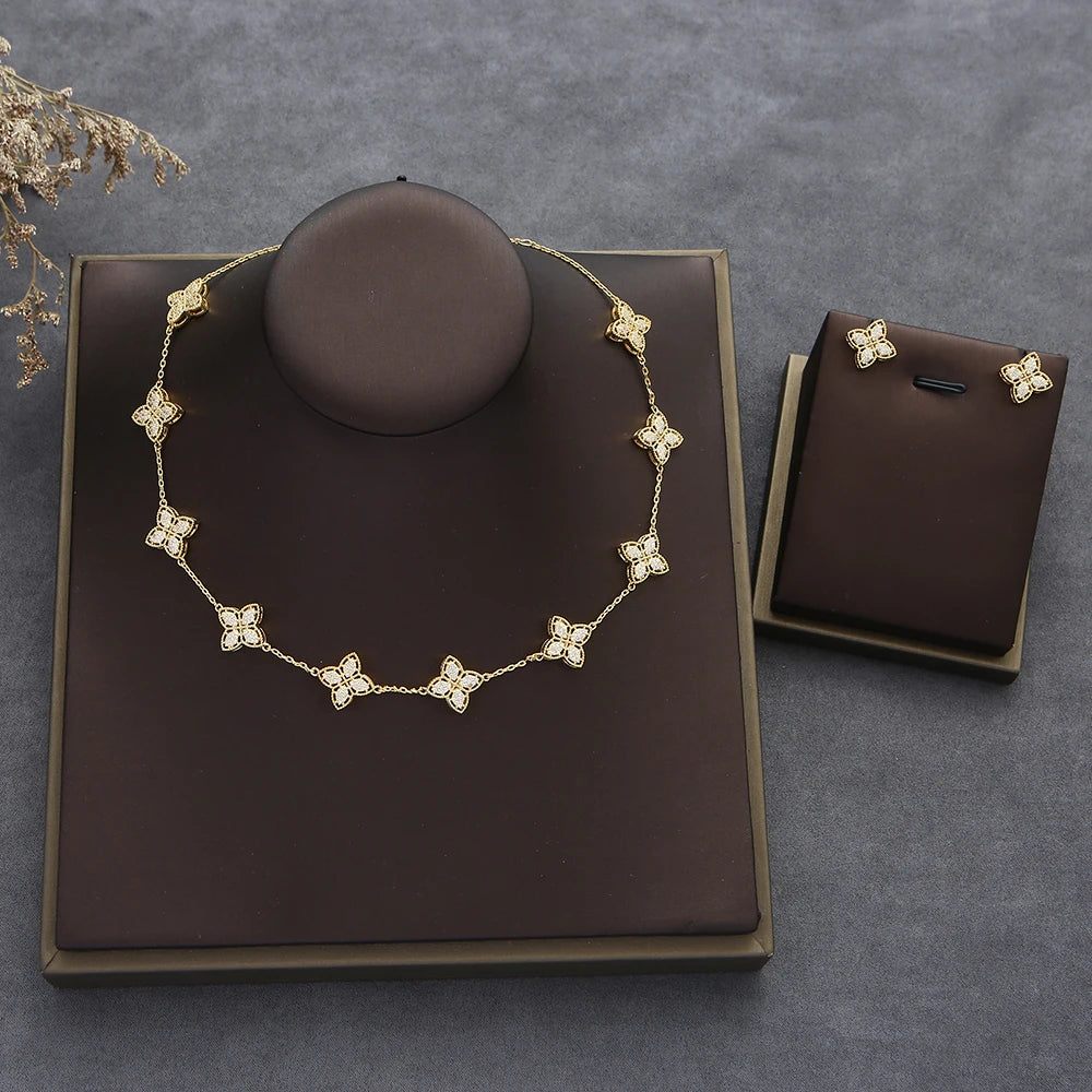 Luxury Flower Statement Necklace earring ring BraceletJewelry Set For Women Wedding Party Full Zircon Dubai Bridal jewelry N0555