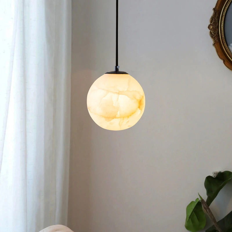 Modern Alabaster Pendant Light Round Ball Marble  Hanging Lamp For Bedroom Kitchen Island Dining Room Bedside Lights