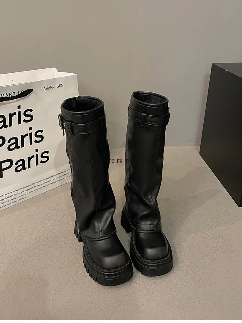 Winter Women Biker Boots Fashion Belt Buckle Ladies Elegant Platform Long Pipe Booties Casual Women's Knee High Booties