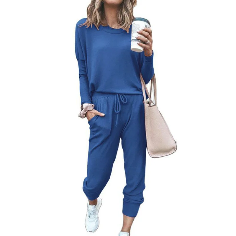 Hot Women's Long Sleeve Round Neck Top and Pants Set Simple Solid Colour Pajama Set Casual O Neck Two Piece Outfit