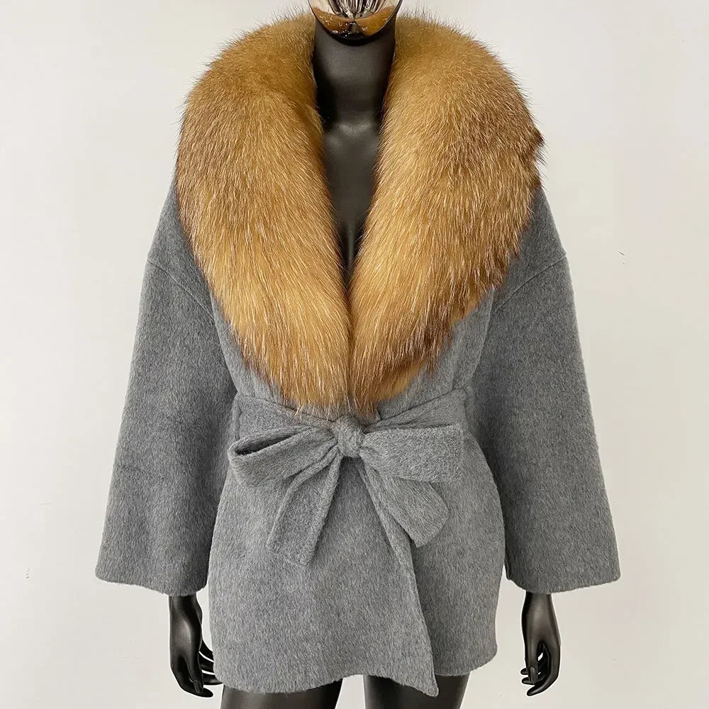 OFTBUY Real Raccoon Fox Fur Coat 2024 New Belt Pocket Winter Blends Wool Coat Women Loose Outerwear Fur Jacket Casual Streetwear