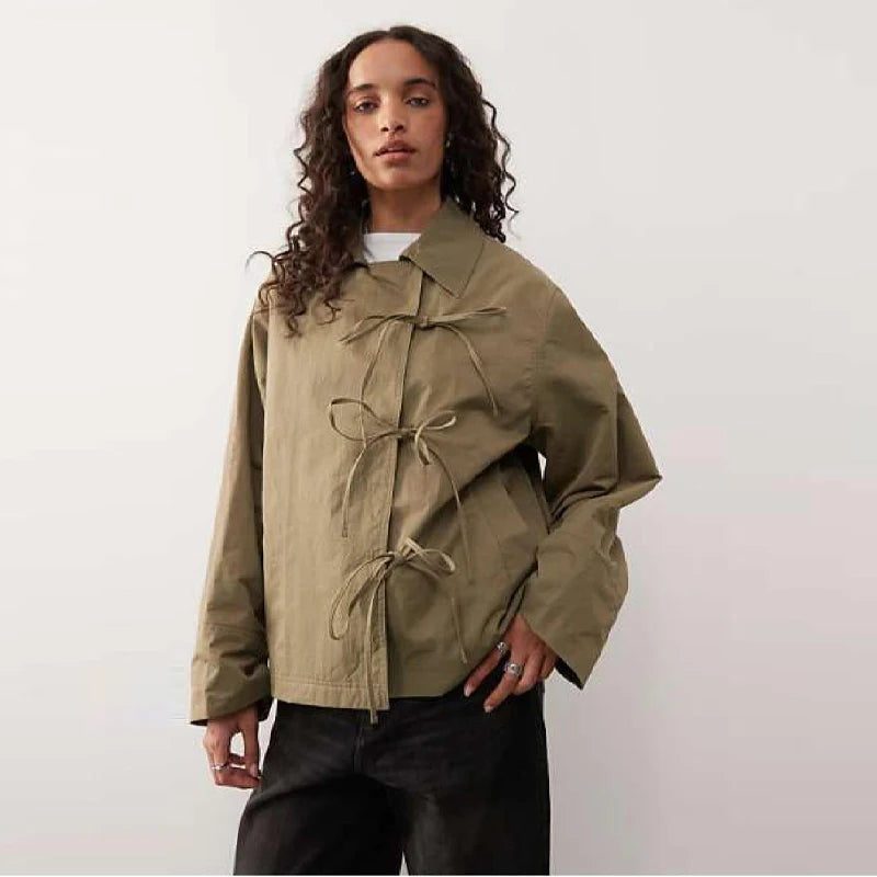 Stylish Cool Jackets Bow Tie Loose Lapel Pocket Coat Casual Vintage Women's Chic Versatile Outerwears Autumn Female Clothing