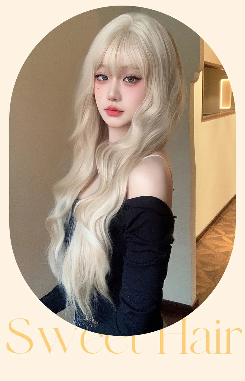 Platinum 613 Blonde Wig Long Wavy Synthetic Wig with Bangs Curly Mixed Golden for Women Cosplay Party Daily Use Heat Resistant