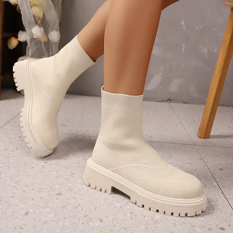 Bright Green Knitted Ankle Boots for Women 2025 Autumn Winter Non Slip Platform Booties Woman Casual Short Botas Shoes Mujer 42