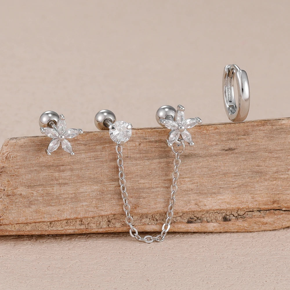 3PCS Stainless Steel Zircon Flower Star Ear Stud Earrings Set 14K Gold Plated Chain Cartilage Piercing Earring Women's Jewelry