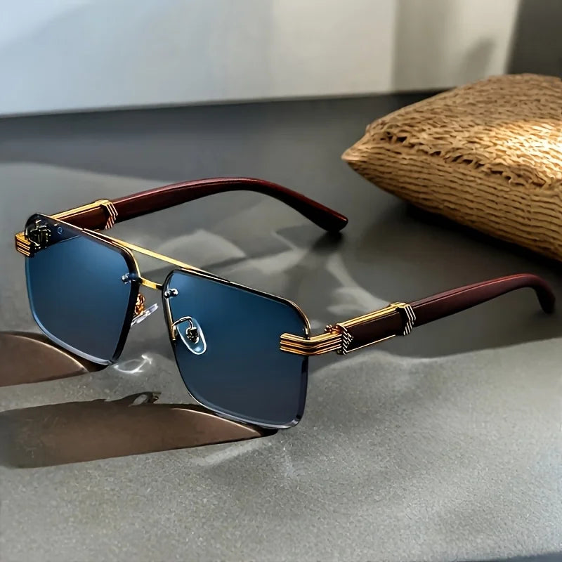 Trend Double Beam Rectangle Sunglasses Men Women Rimless Cut Edge Square Sun Glasses Fashion Frameless Wood Grain Shades UV400