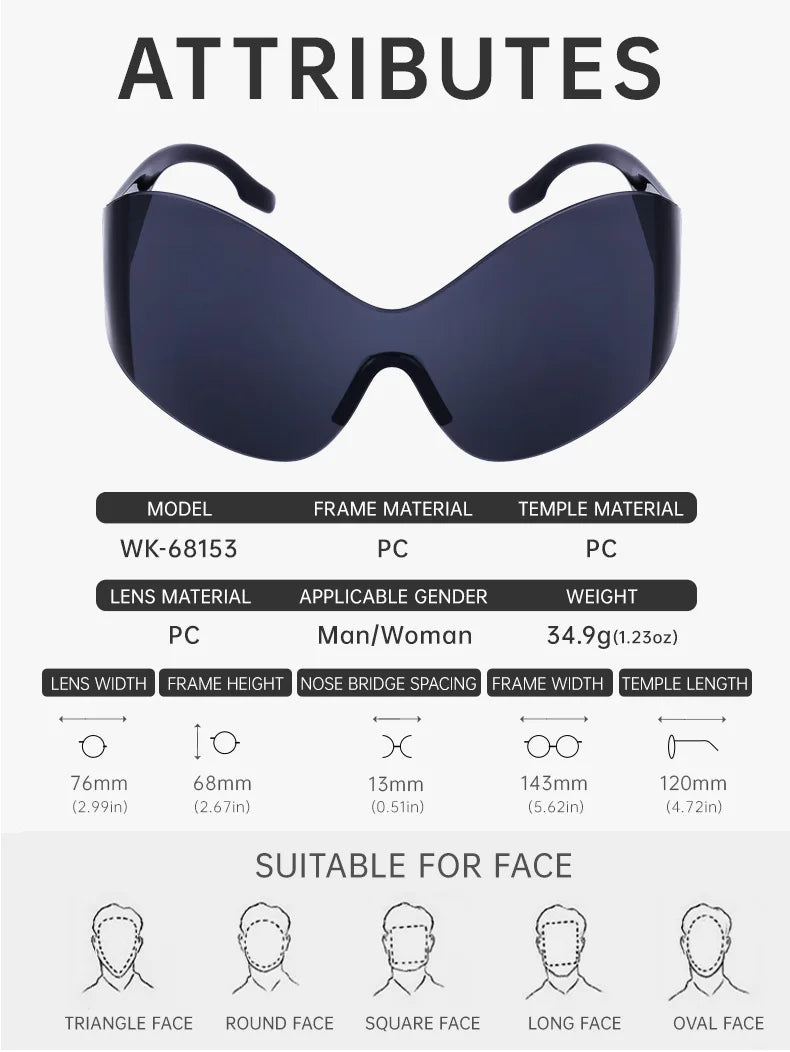 Y2K Oversized Rimless Sunglasses Women Men Luxury Brand Trend Steampunk Mask Butterfly Sun Glasses Lady Retro 2000's Punk Shades