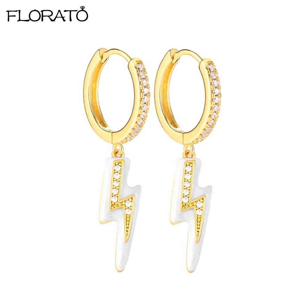 925 Sterling Silver Needle Lightning Pendant Earrings Charming Pave Crystal Gold Hoop Earrings for Women Fashion Jewelry Gifts