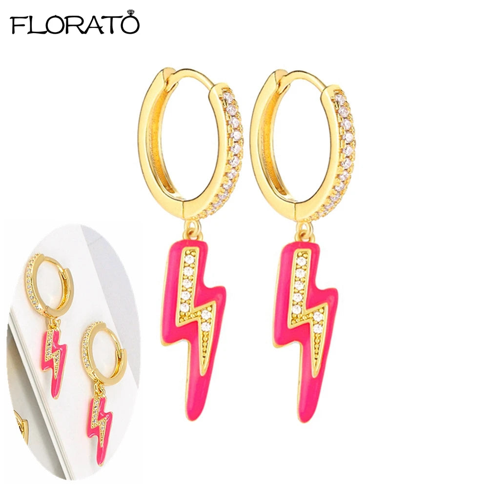 925 Sterling Silver Needle Lightning Pendant Earrings Charming Pave Crystal Gold Hoop Earrings for Women Fashion Jewelry Gifts