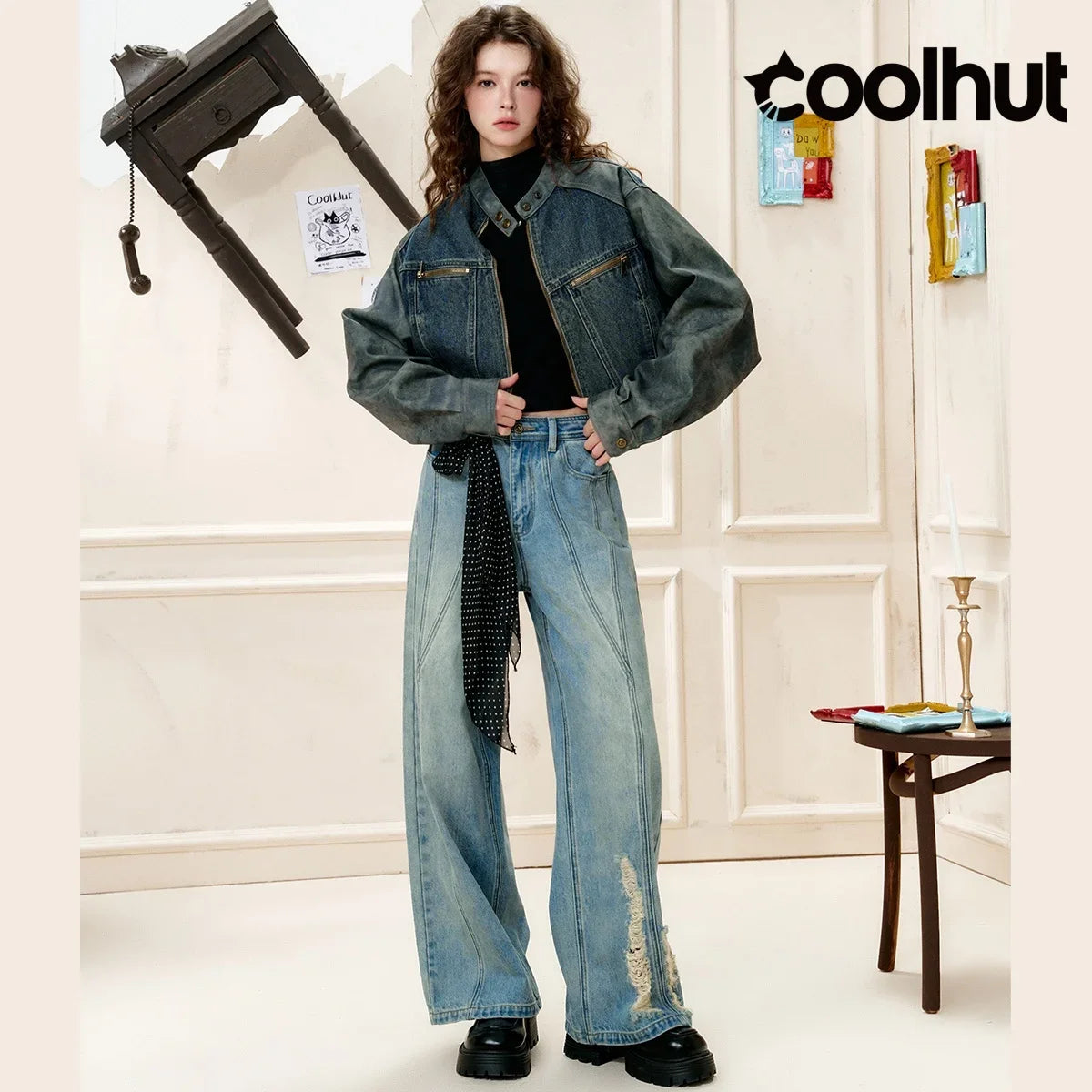 COOLHUT New Arrival Women's 2025 American Style Denim Jacket Stand Collar Color Block PU Trim Slim Fit Casual Fall Outerwear
