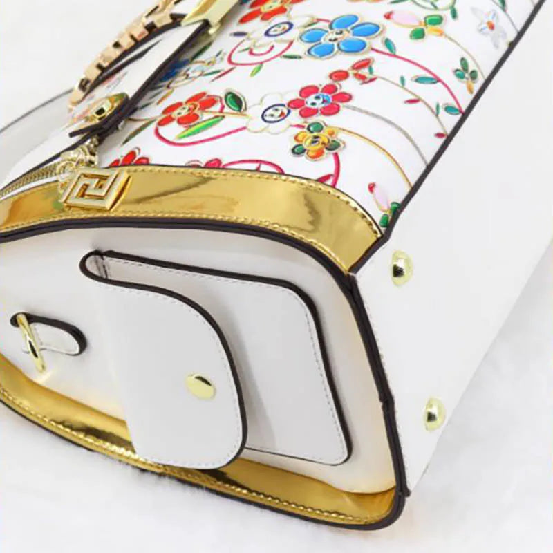 Women Boston Bag Printed Pattern Handbag Large Capacity Shoulder Crossbody Bag Double Zipper Half Cover Style Top Top Handle Bag