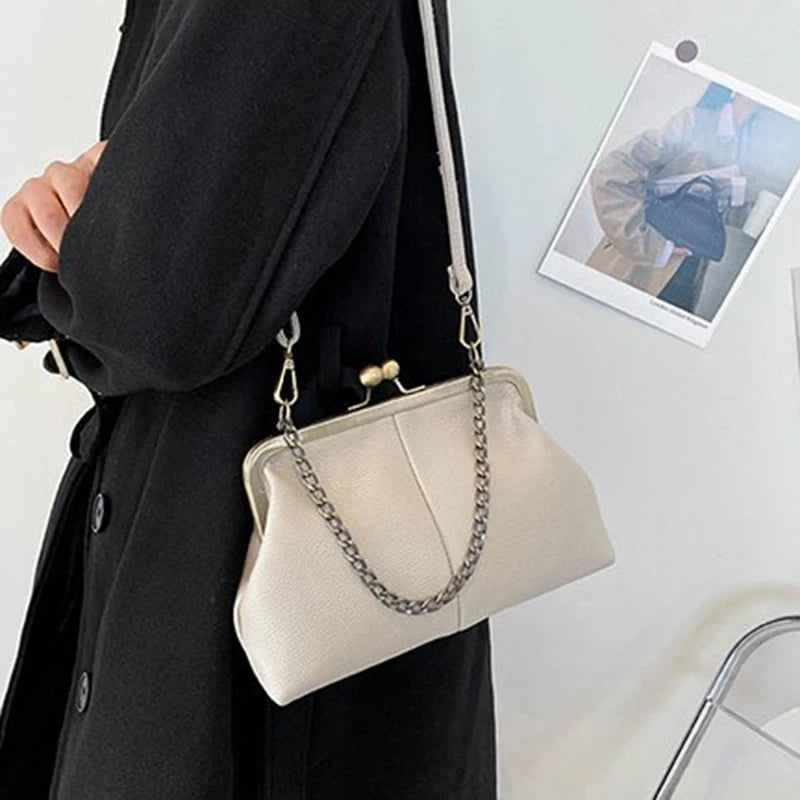 Vintage Soft Skin Shell Bag New Lychee Pattern Handbag Simple And Versatile Shoulder Bag Clip Chain Crossbody Women's Bag