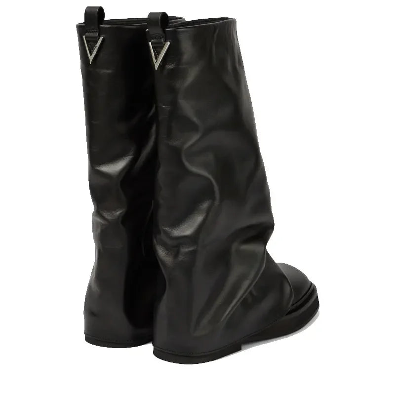 Women's New Autumn and Winter Calf Boots with Pleated Thick High Heels and Fashionable Oversized Street Leather Mid Leg Boots