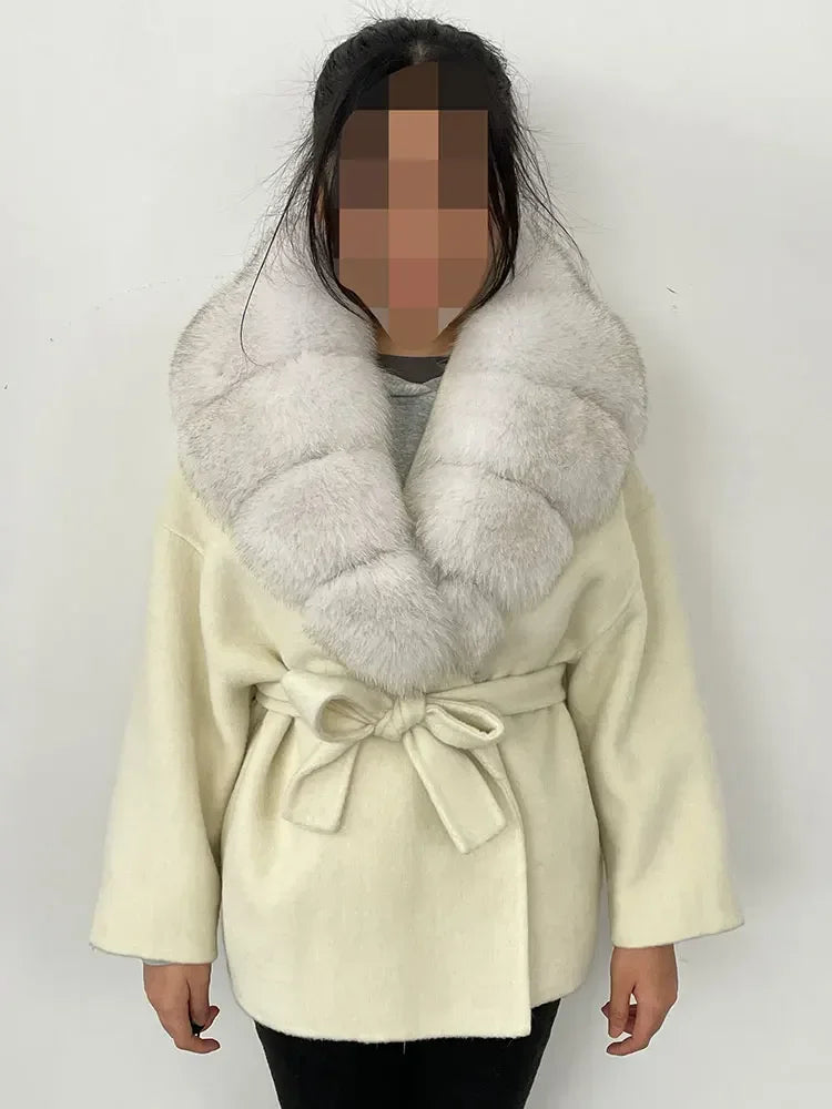 OFTBUY Real Raccoon Fox Fur Coat 2024 New Belt Pocket Winter Blends Wool Coat Women Loose Outerwear Fur Jacket Casual Streetwear