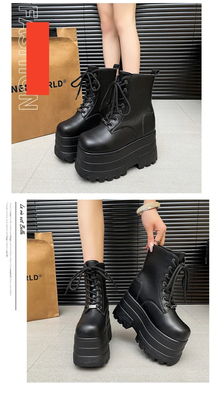 Women 13 CM Platform Boots Casual Outdoor Shoes Chunky Simple Lace Up Design Ankle Boots Cool Nightclub Party Black Shoes 35-43