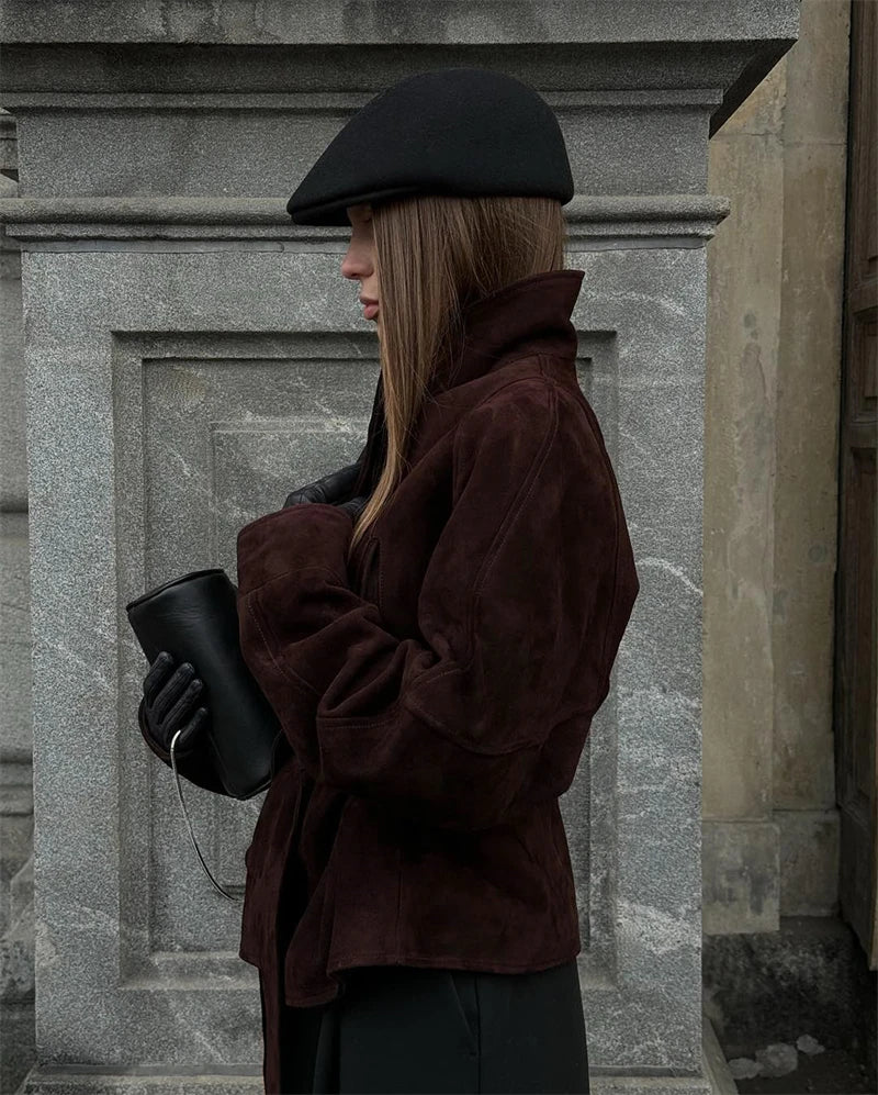 Tornova Retro Suede Long-sleeved Jacket Coat Female V neck Lace Up Jacket 2025 Autumn Winter New Commute Office Lady Outerwear