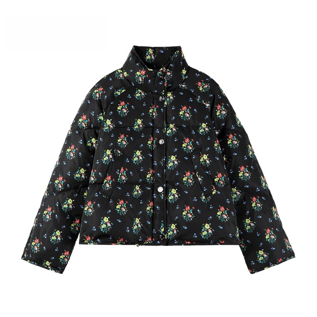 2025 Brand New Women's Short Puffer Jacket for Petite Printed Quilted Coat Loose Fit Casual Winter Bomber Stand Collar Outerwear