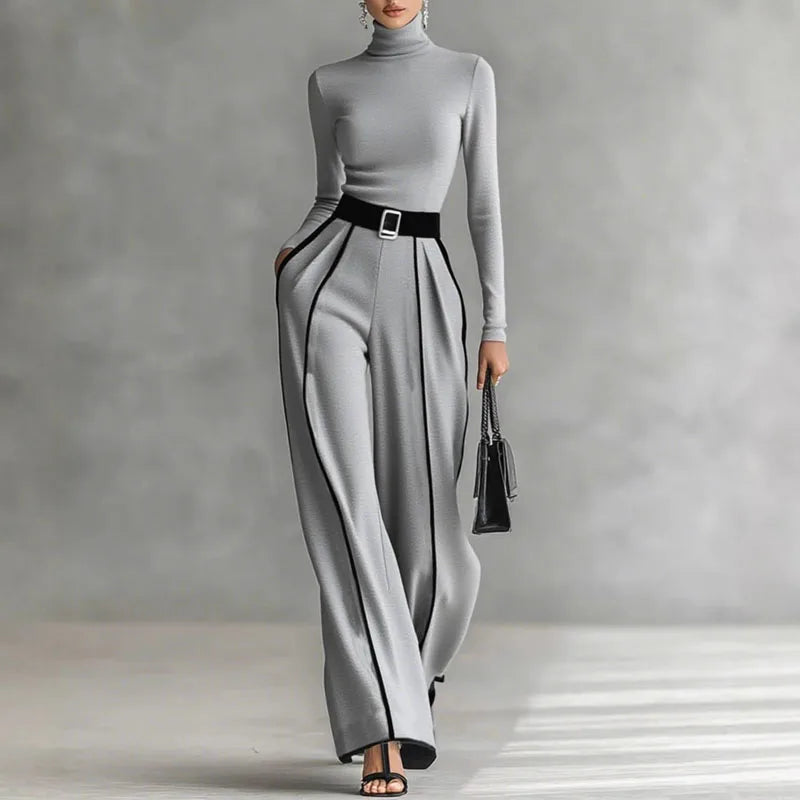 Retro Turtleneck Bottoming Shirt Top+Wide-leg Trousers Suit Woman Elegant Contrast Color 2 Piece Sets Long Sleeve Autumn Outfits