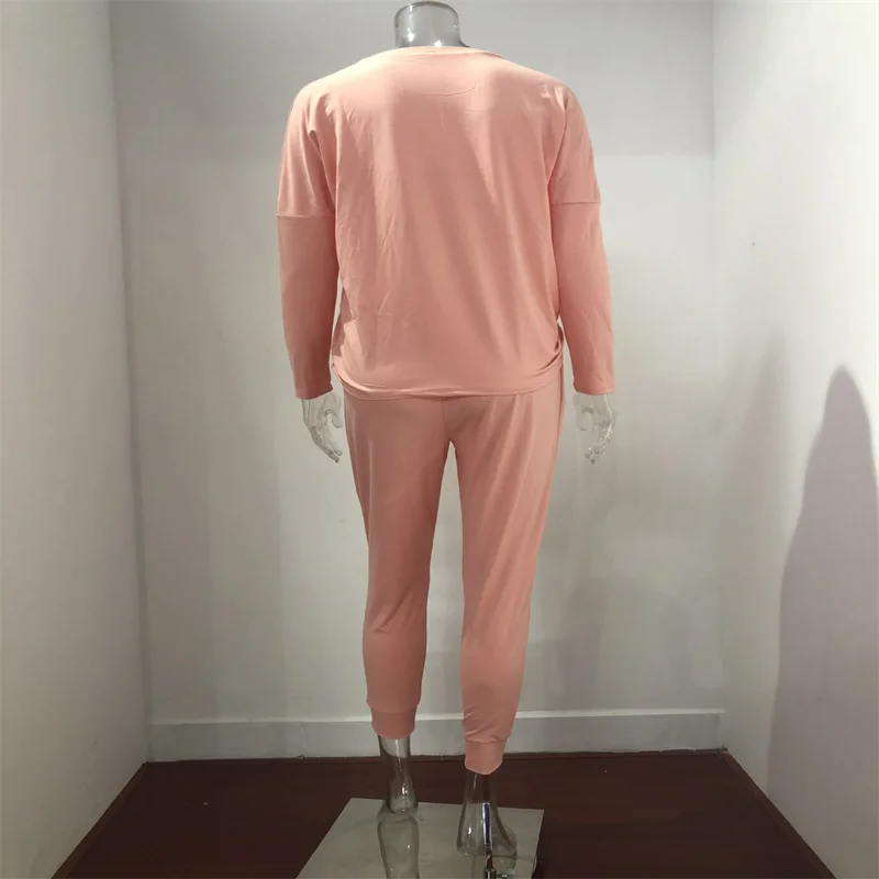 Hot Women's Long Sleeve Round Neck Top and Pants Set Simple Solid Colour Pajama Set Casual O Neck Two Piece Outfit