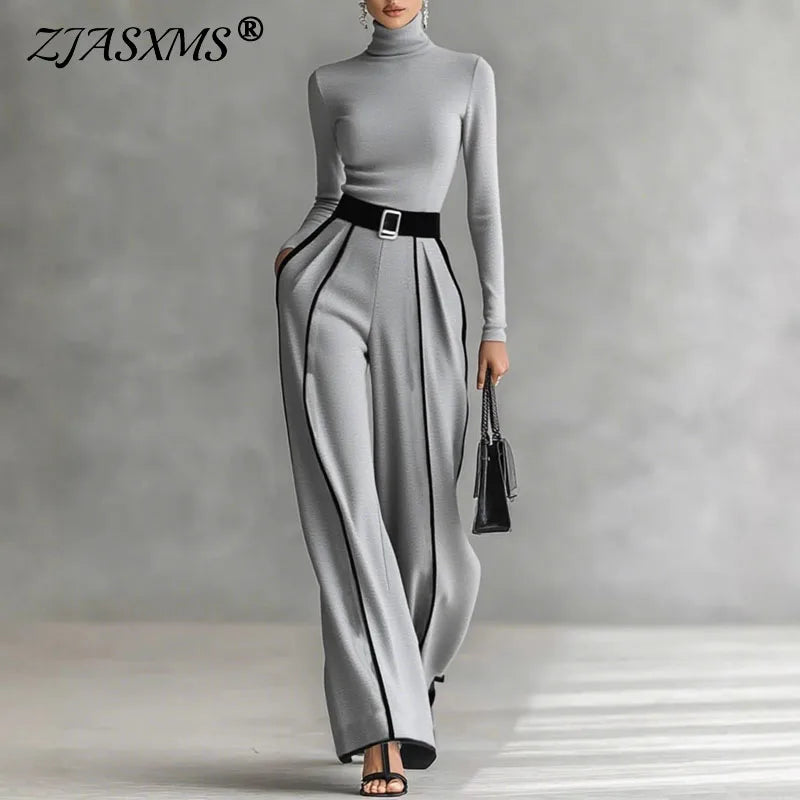 Retro Turtleneck Bottoming Shirt Top+Wide-leg Trousers Suit Woman Elegant Contrast Color 2 Piece Sets Long Sleeve Autumn Outfits