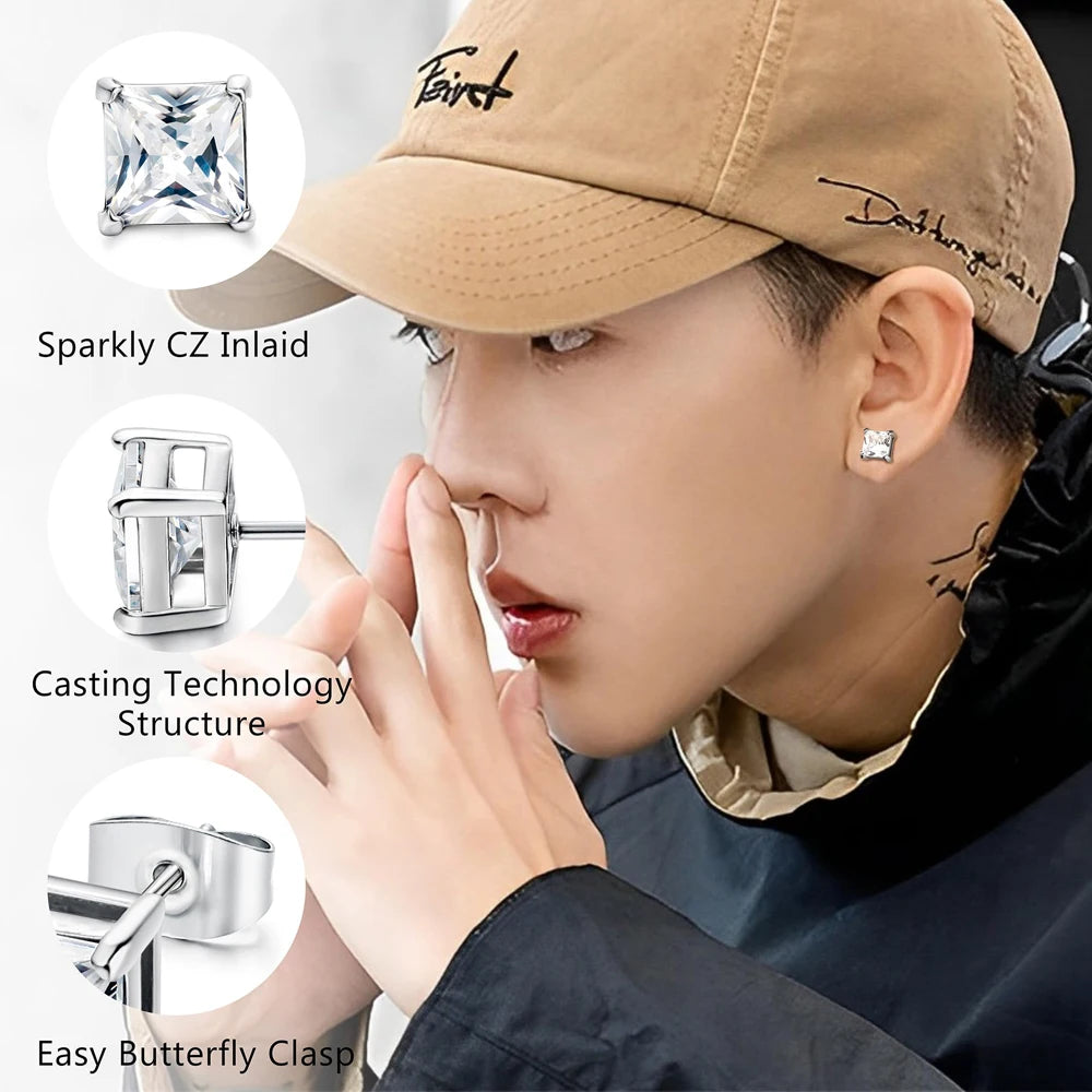 1-2 Pairs Hypoallergenic 316L Stainless Steel Square Round CZ Stud Earrings Sensitive Ear Studs Jewelry Set for Men Women 3-8MM
