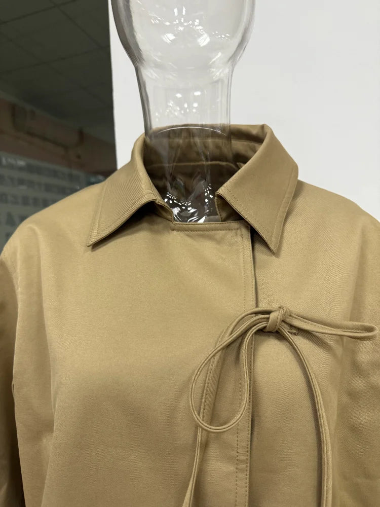 Stylish Cool Jackets Bow Tie Loose Lapel Pocket Coat Casual Vintage Women's Chic Versatile Outerwears Autumn Female Clothing