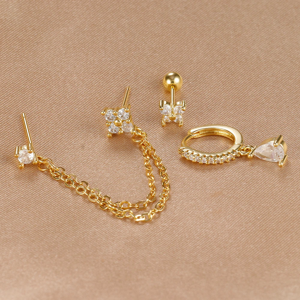 3PCS Set Stainless Steel Crystal CZ Butterfly Ear Stud Earring Gold Plated Pendant Water Drop Cartilage Earring Piercing Jewelry