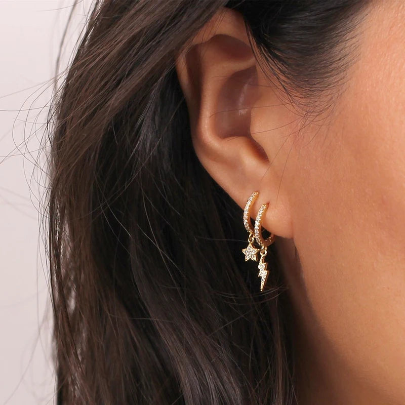 925 Sterling Silver Needle Lightning Pendant Earrings Charming Pave Crystal Gold Hoop Earrings for Women Fashion Jewelry Gifts