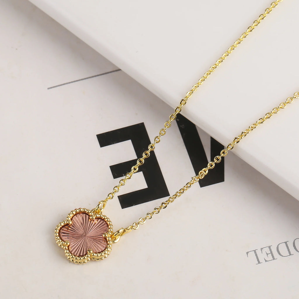 18K Gold Plated High Quality Simple Plant Five Leaf Flower Natural Stone Metal Pendant Necklace Earring Set Women's Clover